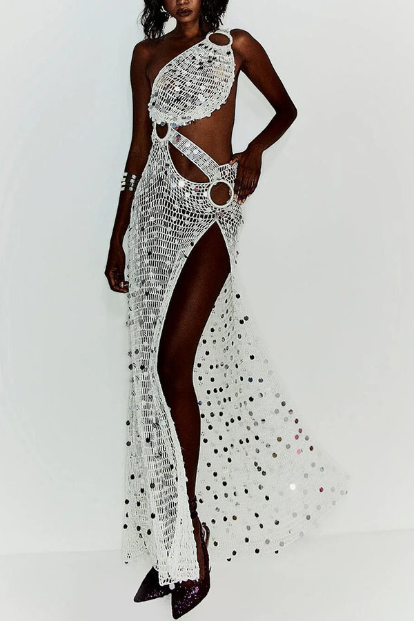 Sunshine Baby Knit Hollow Out Sequin One Shoulder Ring Detail Slit Cover-up Maxi Dress-consonak