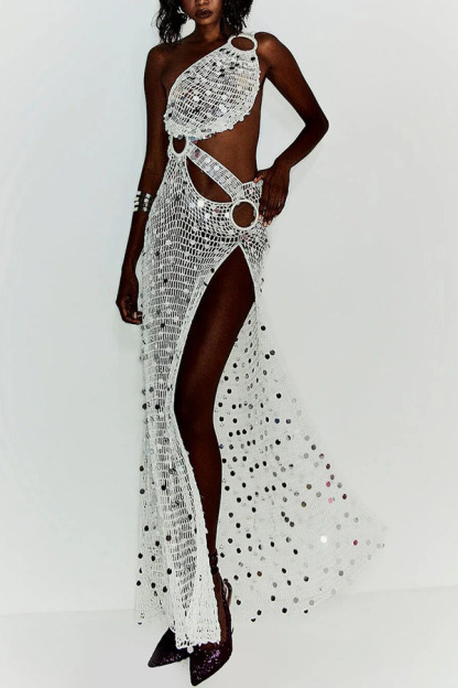 Sunshine Baby Knit Hollow Out Sequin One Shoulder Ring Detail Slit Cover-up Maxi Dress-consonak