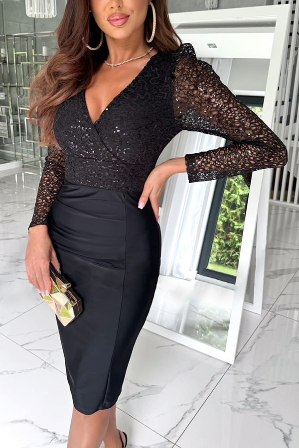 Shining Self Texture Sequin Patchwork Long Sleeve Ruched Stretch Midi Dress-consonak