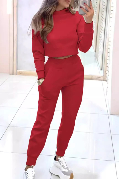 Solid Color Loose Long Sleeve Crop Top and Elastic Waist Pocket Casual Pants Set-consonak