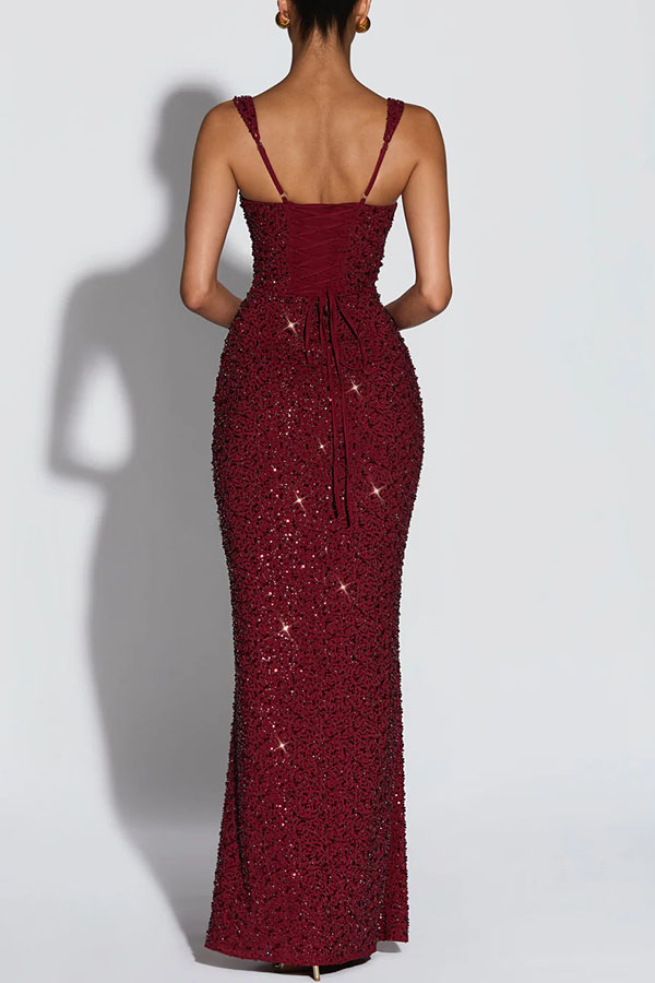 Calanthe Sequin Embellished Chiffon Ruched Square Neck Back Lace-up Maxi Dress-consonak