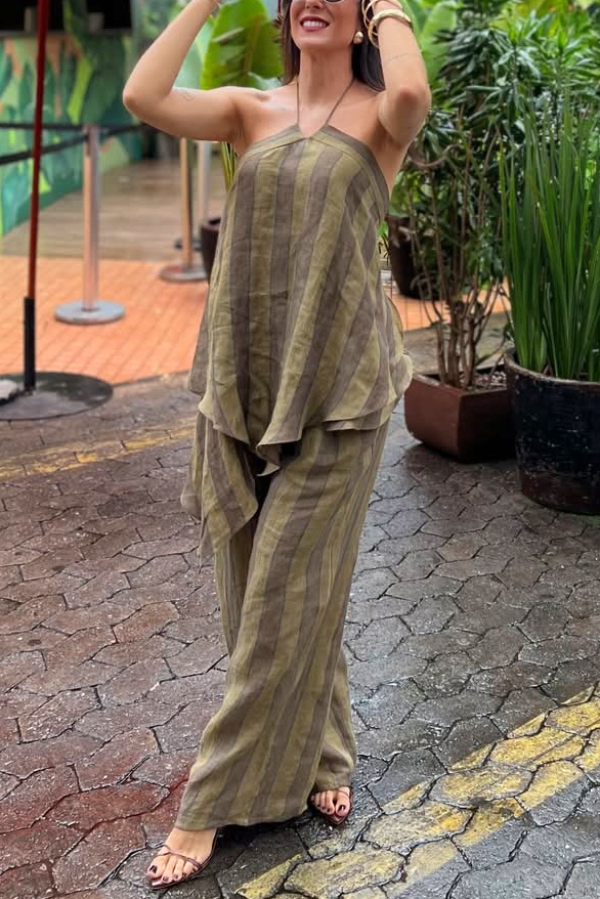 Striped Printed Halter Neck Sleeveless Asymmetrical Top and Elastic Waist Pocket Casual Wide-leg Pants Set