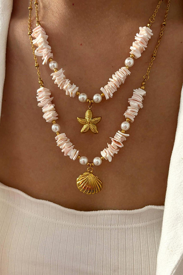 Ocean Style Stainless Steel Shell Starfish Pearl Necklace-consonak