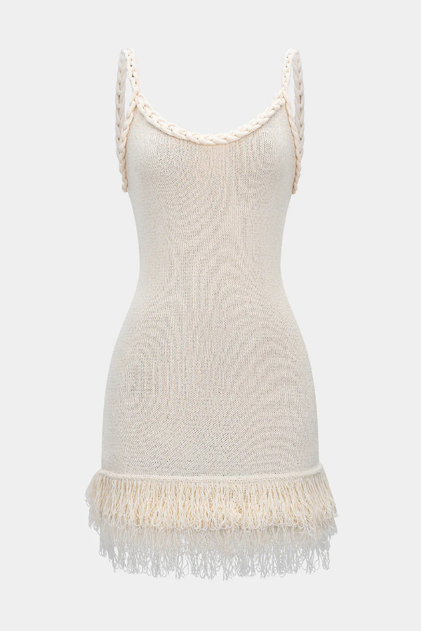 Solid Color Cable Camisole Slim Fit Tassel Knit Mini Dress-consonak
