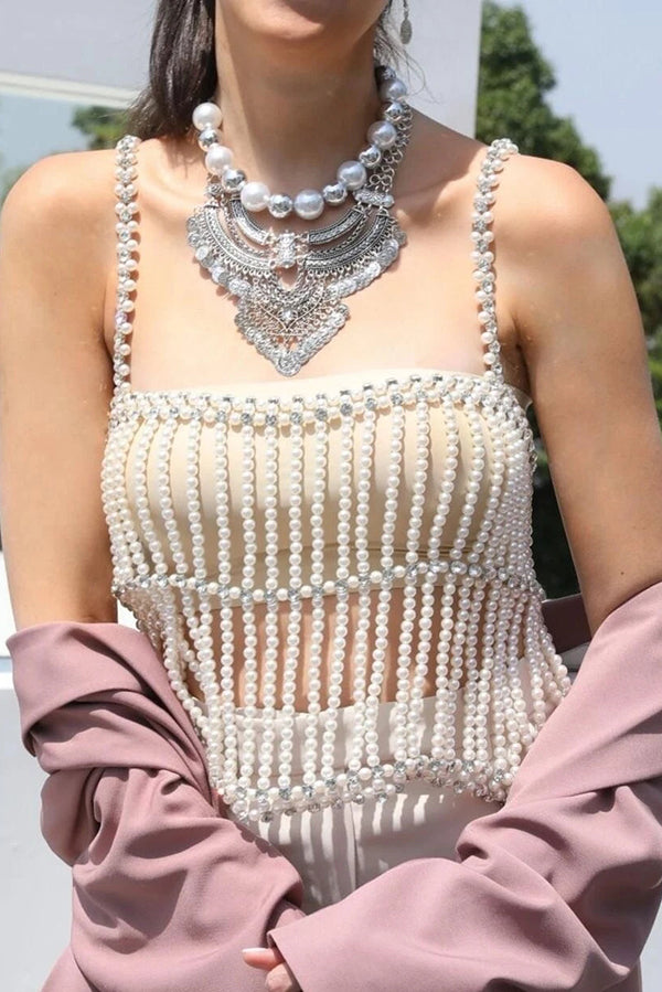 Fashionable Pearl Beaded Rhinestone Multi-layered Chest Necklace-consonak