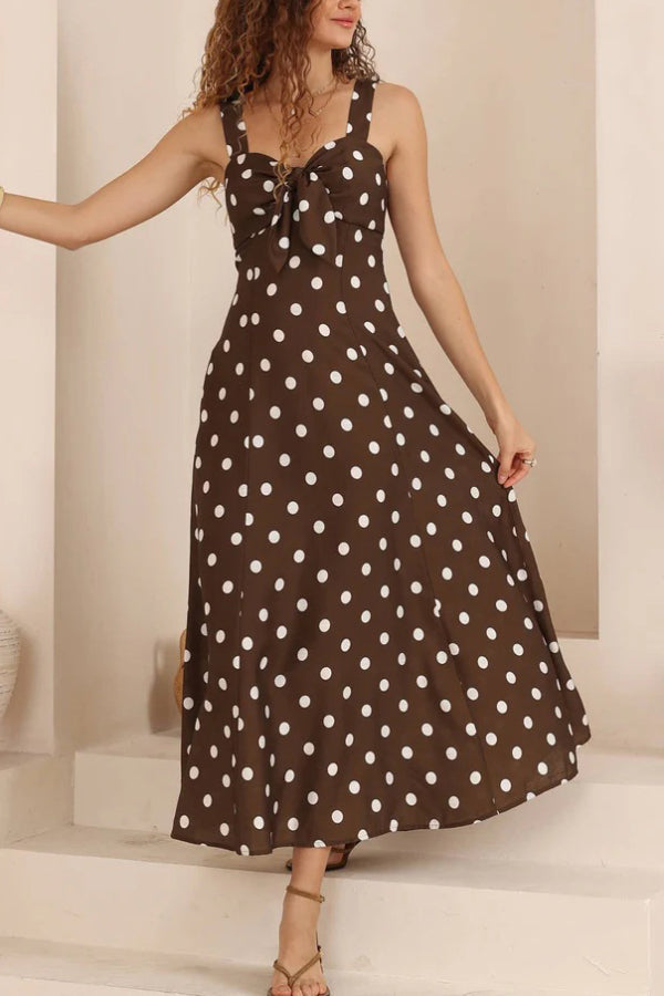 Polka Dot Print Back Pleated Casual Pocket Holiday Maxi Dress-consonak