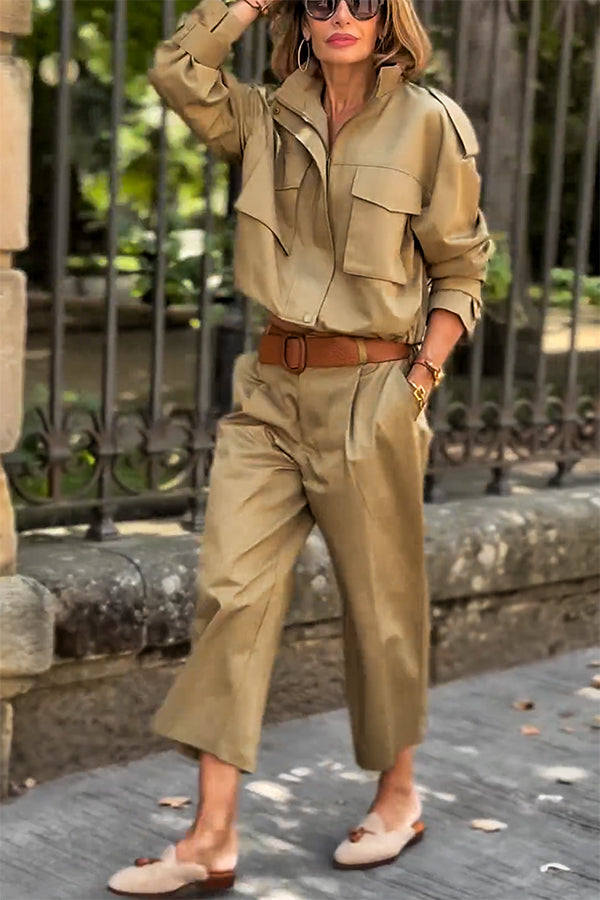 Classic Charm Strap Details Pocketed Cargo Style Zipper Loose Jacket-consonak