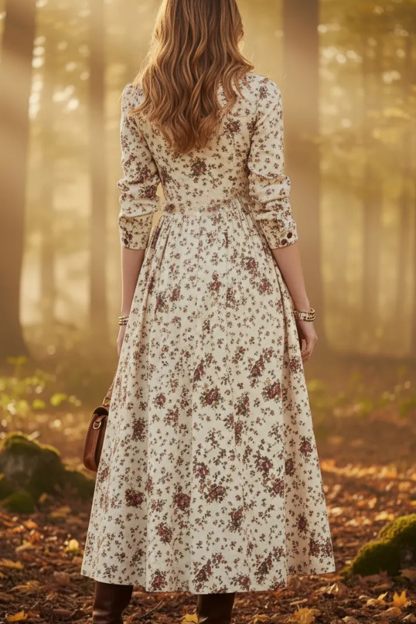 Floral Print V-Neck Long Sleeve Casual Pocket Vacation Maxi Dress