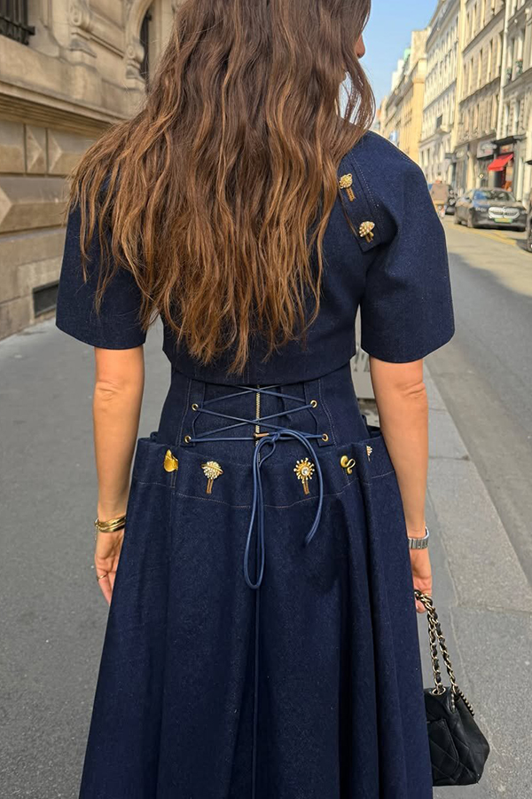Custom Look Denim Unique Metal Pattern Buttons Slit Half Sleeve Crop Jacket