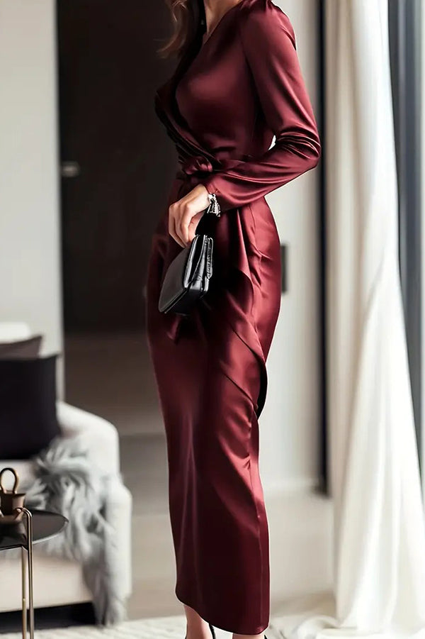 Solid Color Satin V-neck Long Sleeve Waist Tie Slim Midi Dress | Consonak