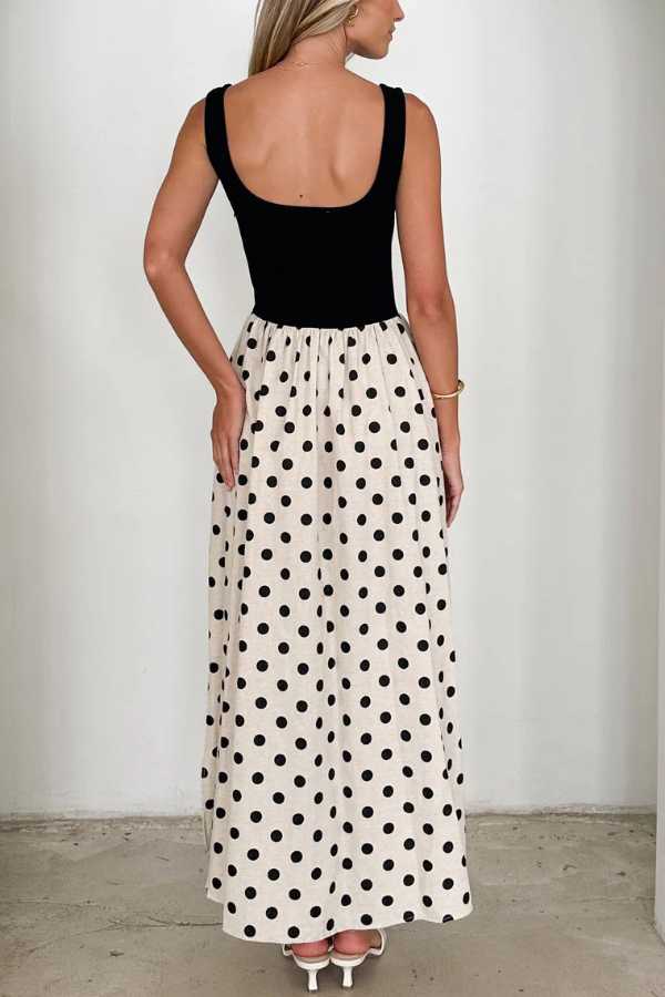Black and White Color-blocked Polka Dot Print Sleeveless Casual Pocket Maxi Dress | Consonak