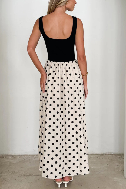Black and White Color-blocked Polka Dot Print Sleeveless Casual Pocket Maxi Dress
