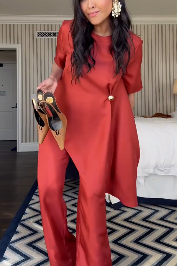 Janice Satin Metal Button-detail Asymmetric Top and Elastic Waist Loose Pants Set