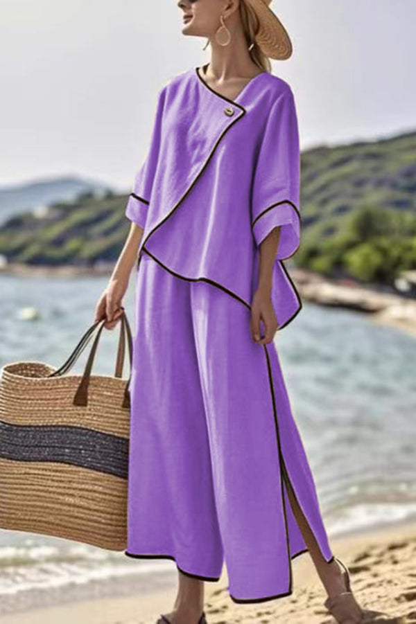 Stylish Color Trim Asymmetrical Casual Top and Elastic Waist and Wide-leg Pant Set-consonak