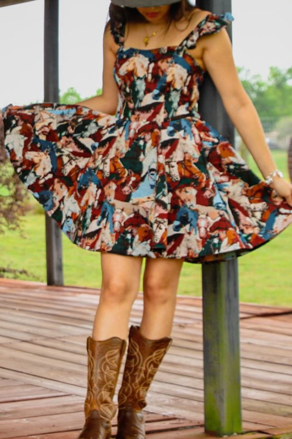 Fashionable Horse Print Square Neck Sleeveless Elegant Slim-fit Mini Dress | Consonak