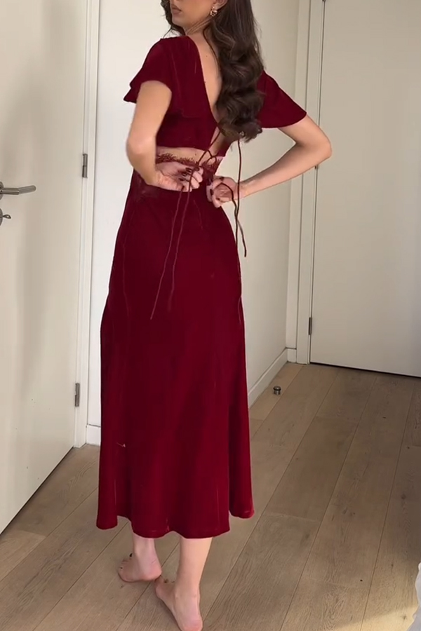 Yumi Velvet Lace Patchwork Bell Sleeve Back Lace-up Slit Midi Dress-consonak