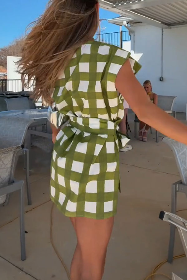 Elena Plaid Print Split Short Sleeve Tie-up Waist Loose Mini Dress