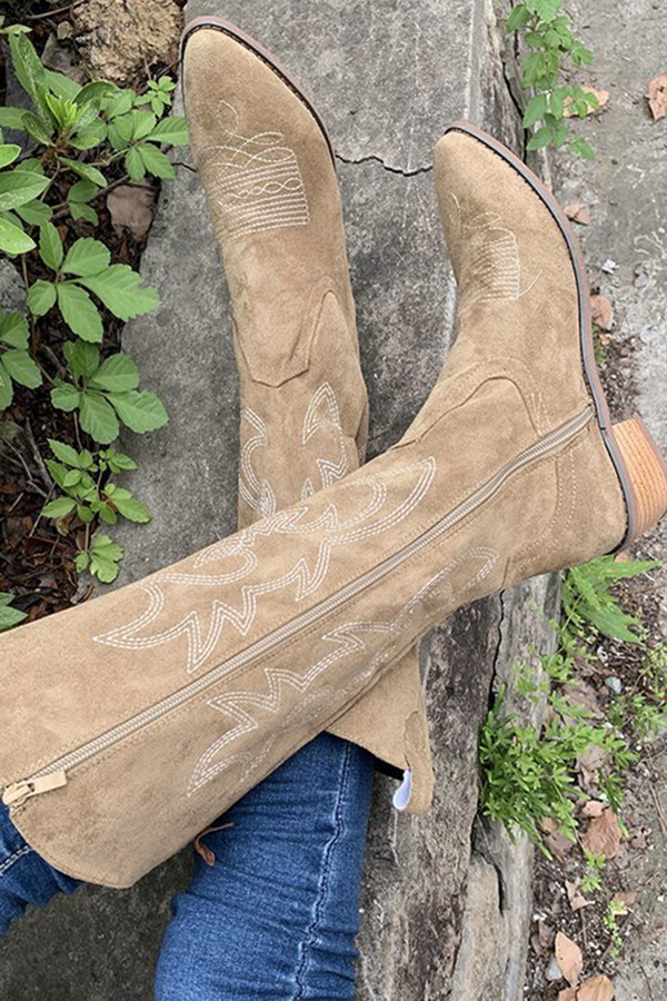 Retro Embroidered Block Heel Mid-calf Western Cowboy Martin Boots-consonak