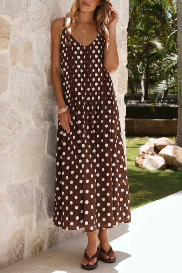 Polka Dot Print V-neck Pleated Casual Vacation Maxi Dress-consonak