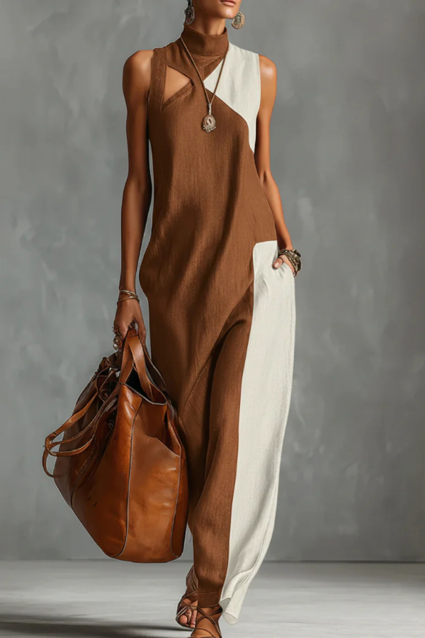 Stylish Color-blocked High-neck Sleeveless Casual Pocket Maxi Dress | Consonak
