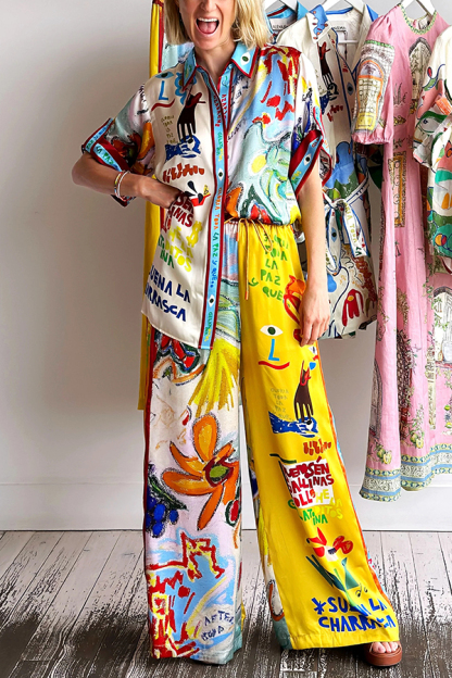 Raina Satin Unique Print Short-sleeved Loose Shirt and Elastic Waist Pocket Pants Set-consonak