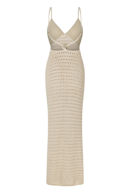 Solid Color Knitted Openwork Sexy Backless Slit Cover-up Maxi Dress-consonak