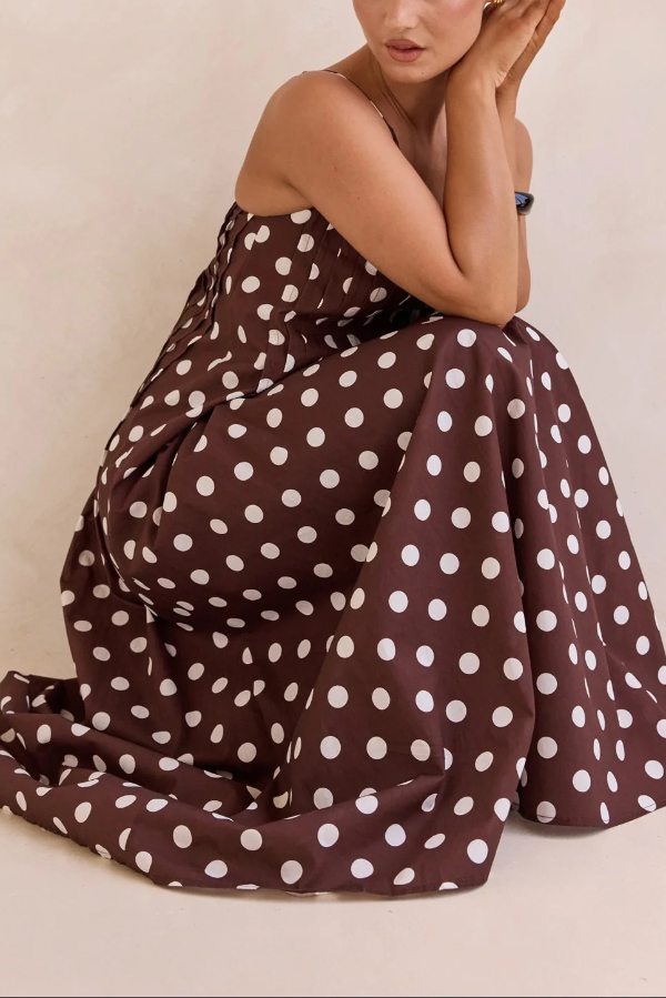 Polka Dot Print V-neck Pleated Casual Vacation Maxi Dress-consonak