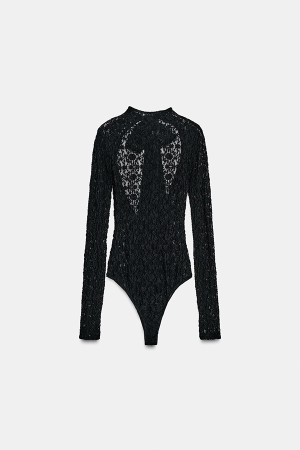 Anna Semi-sheer Lace Long Sleeve Back Bow Tie-up Cutout Stretch Bodysuit | Consonak