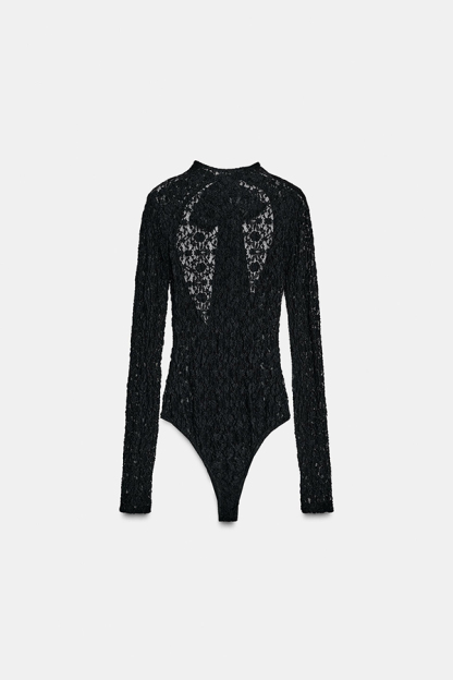 Anna Semi-sheer Lace Long Sleeve Back Bow Tie-up Cutout Stretch Bodysuit-consonak