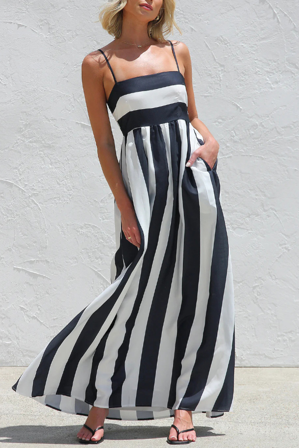Color-blocked Striped Print Square Neck Suspender Casual Pocket Maxi Dress