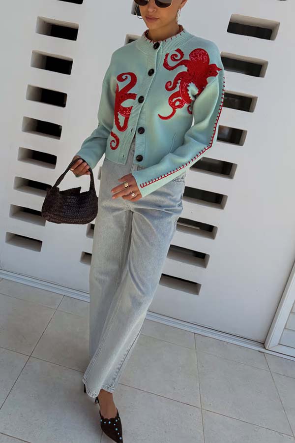 Coastal Fashion Knit Octopus Graphic Contrast Piping Button Up Loose Cardigan | Consonak