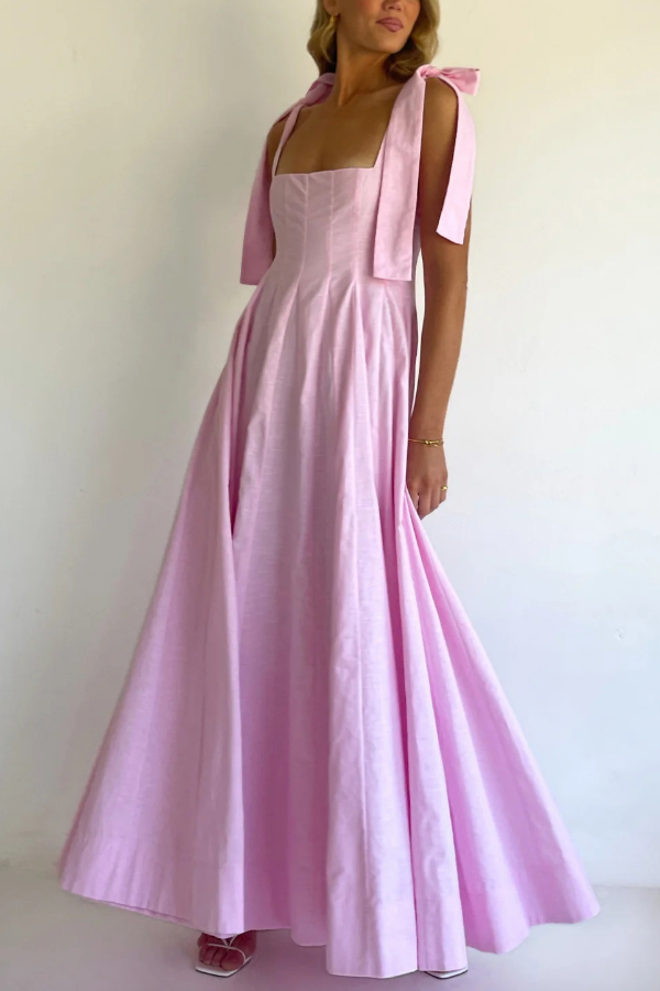 Solid Color Sleeveless Tie-up Suspender Elegant Patchwork Maxi Dress-consonak