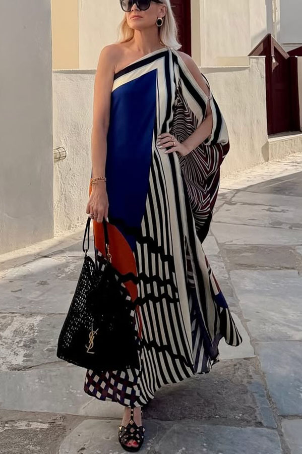 Abstract Geometric Color-Block Print One Shoulder Slit Kaftan Maxi Dress
