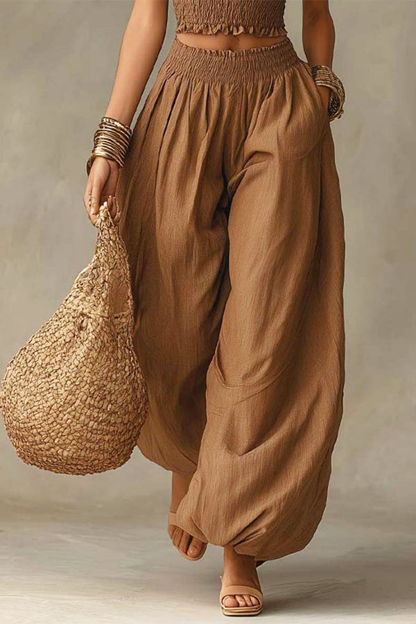 Olive Gypsy  pleated crop top and high-waisted wide-leg pants set-Consonak