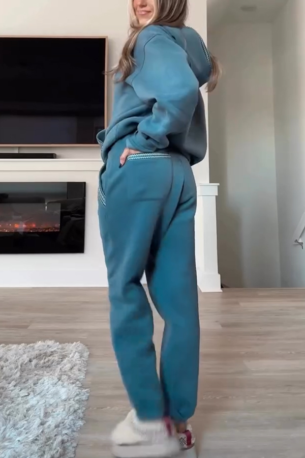 Tasman Braid Trim Kangaroo Pocket Hooded Sweatshirt and Elastic Waist Jogger Pants Set-consonak