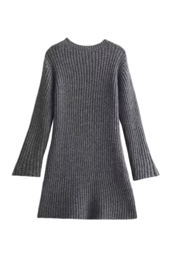 Beautiful Basic Ribbed Knit Long Slit Sleeve Flare Stretch Dress-consonak