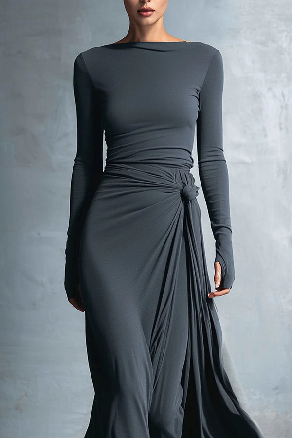 Solid Color Long-sleeved Slim-fit Knot Decoration Maxi Dress-consonak