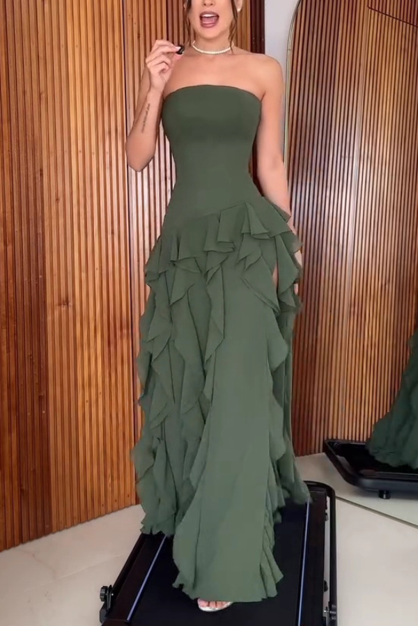 Elegant Sleeveless Off-shoulder Fitted Ruffled High Slit Maxi Dress | Consonak