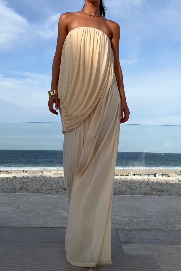 Solid Color Sleeveless Off-shoulder Draped Loose-fitting Holiday Maxi Dress-consonak