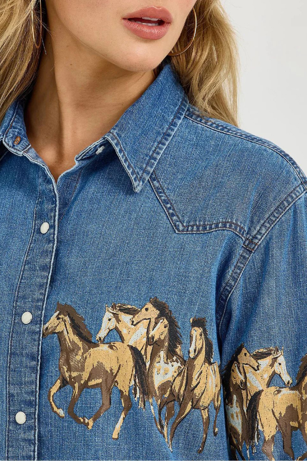 Stylish Horse Print Collared Long-Sleeved Casual Denim Jacket