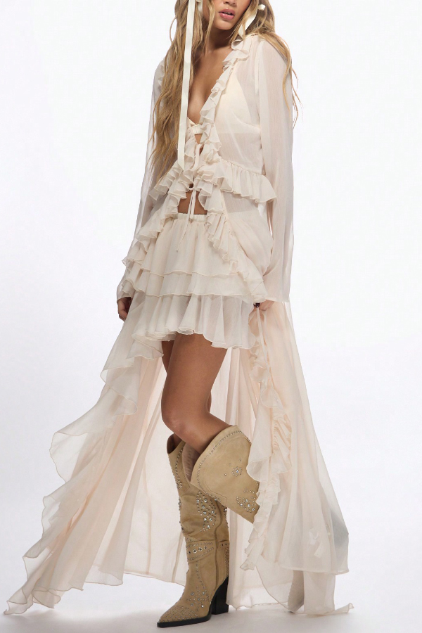 Solid Color Casual Elastic Waist Irregular Ruffle Holiday Skirt-consonak