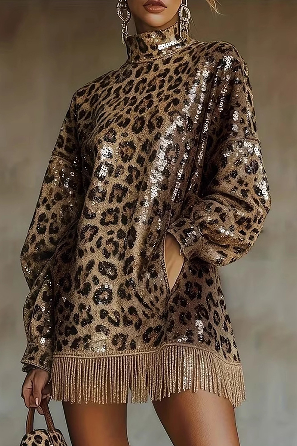 Stylish Leopard Print Sequined Turtleneck Long-sleeved Tassel Hem Loose Mini Dress | Consonak
