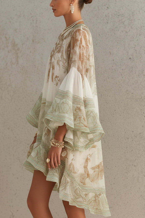 Mini Dress with Flared Sleeves and Printed Ruffles-Consonak