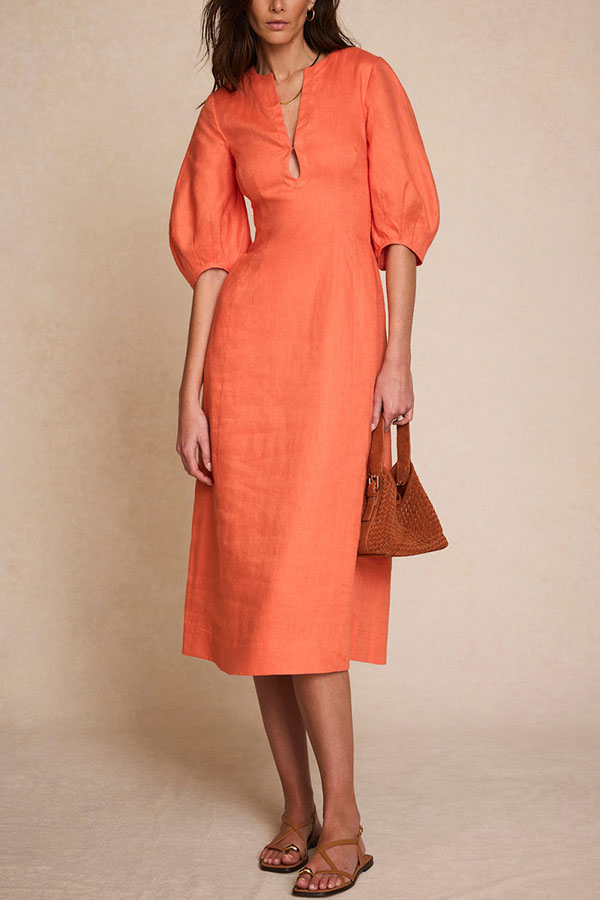Verrah Linen Blend Key-hole Detail Neck Puff Half Sleeve Pocket Midi Dress