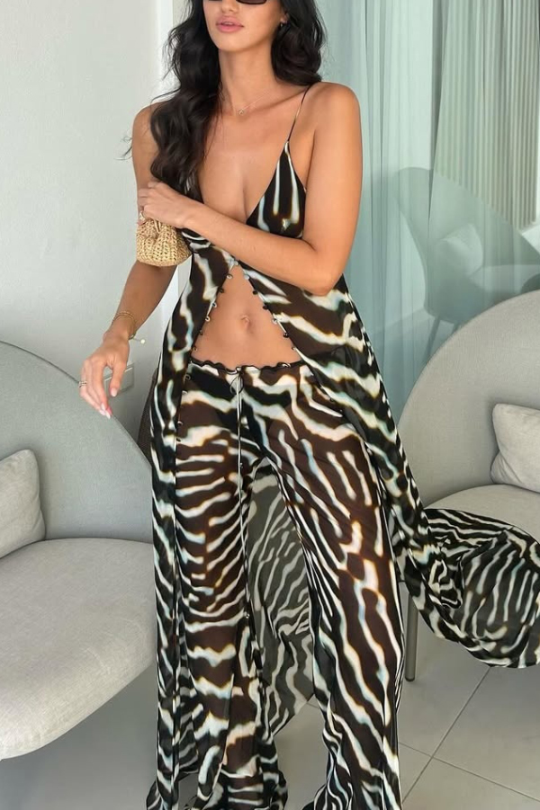 Zebra Print V-neck Camisole Long Mesh Top | Consonak
