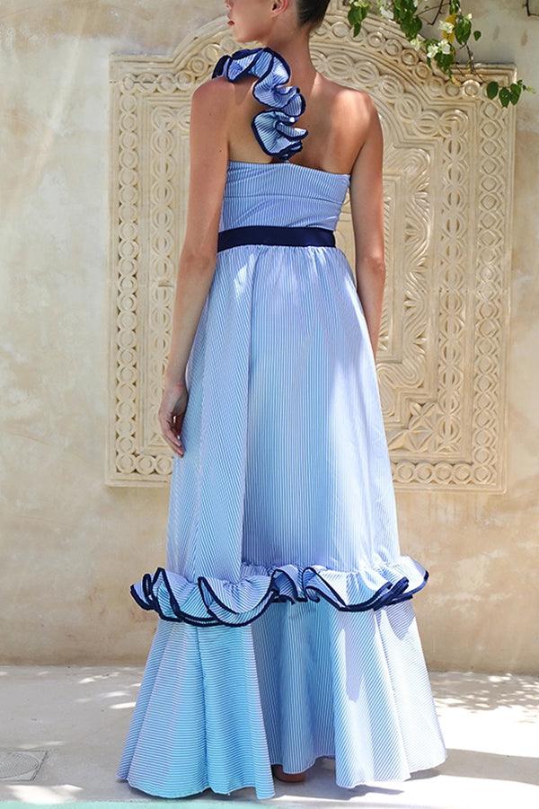 Striped Print One-Shoulder 3D Floral Elastic One-Piece Swimsuit-consonak