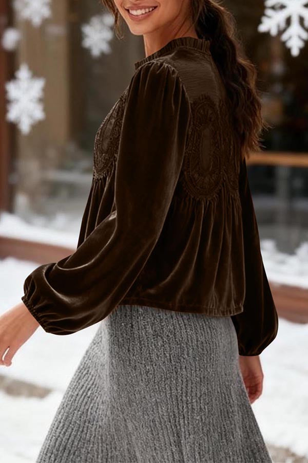 Fashionable Velvet and Lace Patchwork Loose Long-sleeved Top-consonak