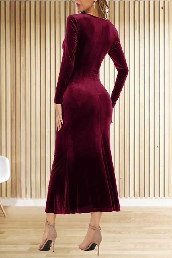 Solid Color Velvet Long Sleeve V-neck Slim Fit Fishtail Maxi Dress-consonak