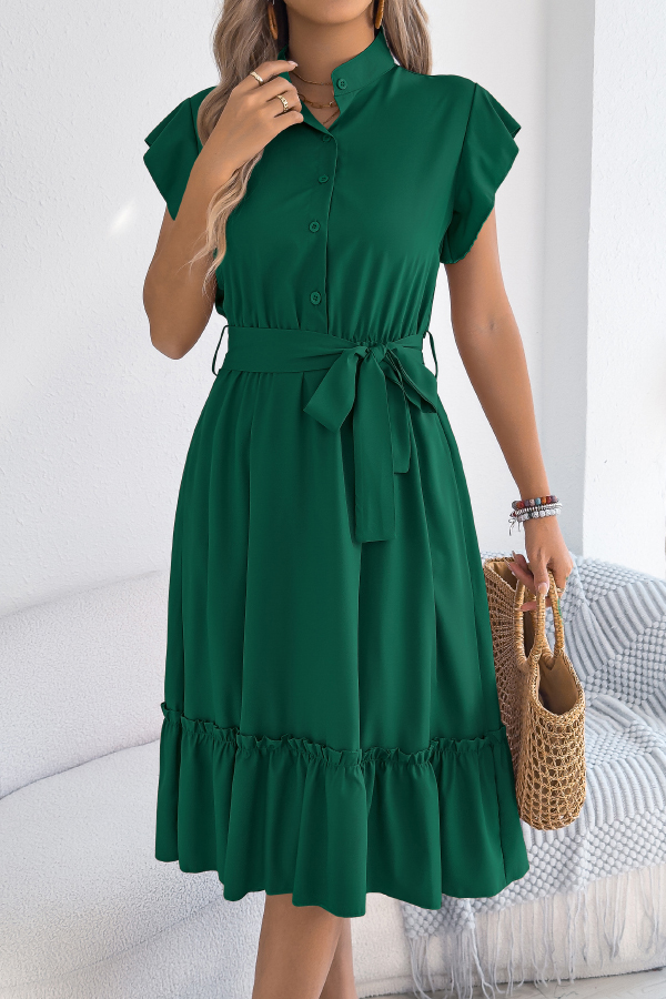 Solid Color Stand Collar Button Waist Tie Casual Midi Dress-consonak