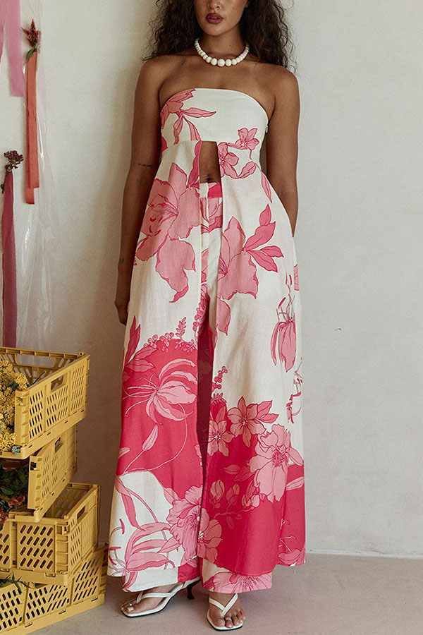 Flora Sunset Linen Blend Printed Front Slit Strapless Midi Top and High Rise Pocket Loose Pants Set